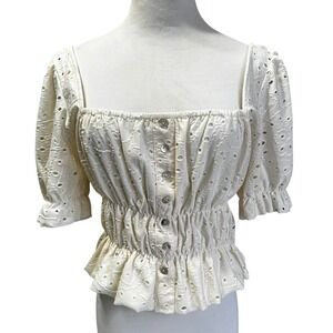 Forever 21 Cream Eyelet Floral Crop Top Smocked‎ Puff Sleeve M Coquette Milkmaid
